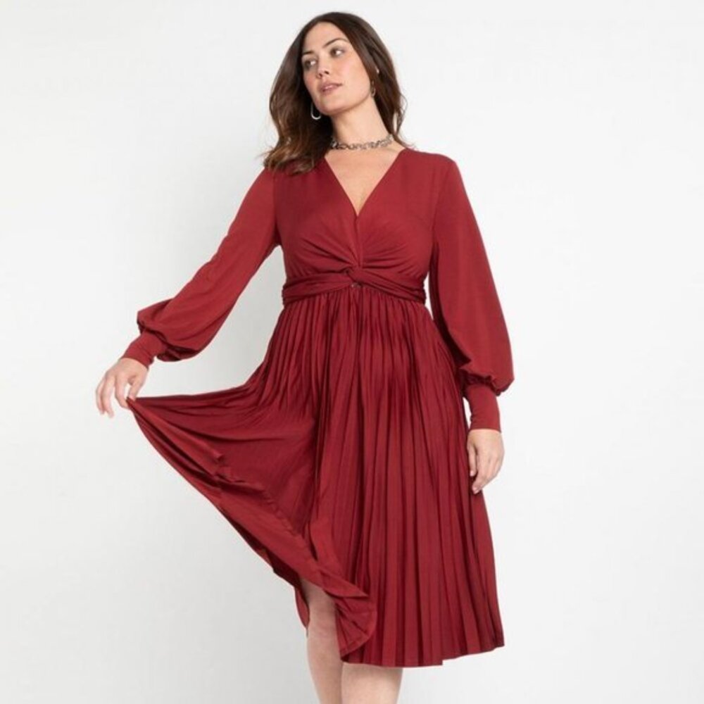 Eloquii Knot Front Pleated Skirt Dress Cabernet